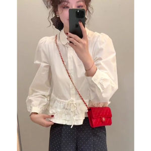 Áo Sơ Mi Cổ Polo Tay Dài Màu Trắng Rộng Rãi Eo Thắt Nơ Phong Cách Ngọt Ngào Giảm Tuổi Mùa Xuân Hàng Mới Về Thương Hiệu Không Có