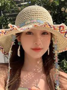BILLI ZILLY | Summer Beach Vacation Sun Protection Large Brim Straw Hat Womens Casual Style Fisherman Hat Woven Ethnic Folklore Cap