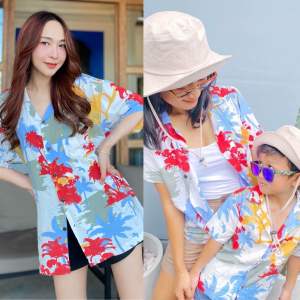 เสื้อฮาวาย เสื้อฮาวายญี่ปุ่น เสื้อครอบครัว เสื้อเชิ้ตวินเทจ  Hawaiian Shirts  (มะพร้าว คัลเลอร์ฟู พื้นขาว)