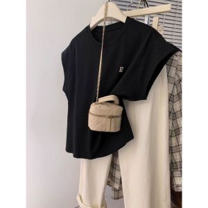 Pure Cotton Black Short Sleeve T-Shirt Womens Summer New Design Slim Fit Top Embroidered Flying Sleeve Korean Style round Neck