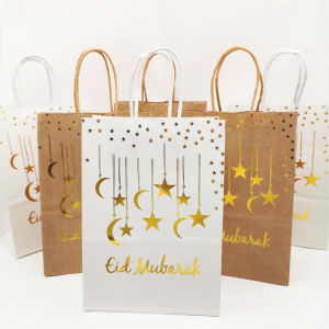 Umrah Eid Mubarak Handles Ramadan Moon Star Kraft Paper Bags Party Candy Gifts Goodie Bag Islamic Muslim Festival Decoration