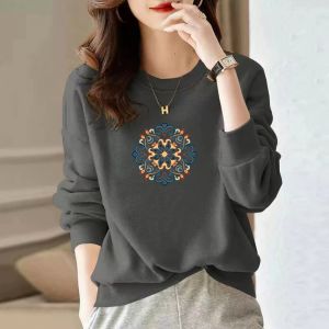 Womens Retro Pure Cotton Sweatshirt Long Sleeve Printed Top Inner Wear Base Shirt Chinese Style Floral Print Comfortable Fit