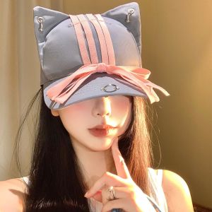 New Personalized Streamer Bow Cat Ears Baseball Caps Y2k Street Niche Versatile Iron Ring Design Denim Hip Hop Hats for Women