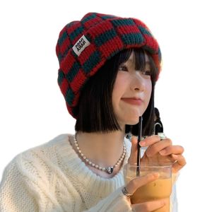 Womens Premium Soft Thickened Warm Checkerboard Knitted Beanie Hat Autumn Winter Korean Style Niche Oversize Head Face Slimming