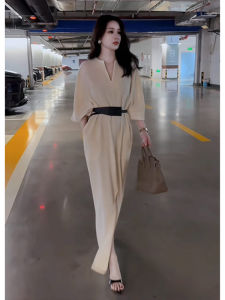 Loose Lazy Apricot V-neck Long Dress plus Size Womens Fashion High Waist Luxury Shoulder Insert Sleeve Dress for plus Size Women