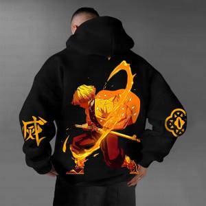 Bandai | Hoodie Set with Demon Slayer Zenitsu Agatsuma Lightning Pattern Front Back Print Yellow Sleeve Design Kimetsu No Yaiba Anime