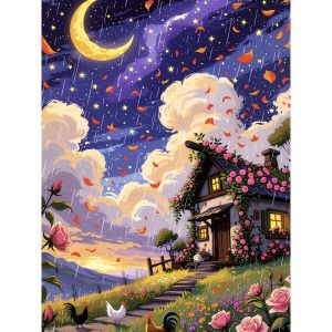 Kayou | Oil Painting By Numbers Moonlit Cottage Garden Kits Number Drawing Canvas DIY Pictures By Numbers Home Decor