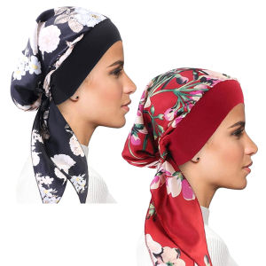 2PCS Women Printed Pre-Tied Turban Cap Long Tail Headscarf Strechy Bandana Muslim Hijab Inner Caps Hair Loss Cover BeaniesBonnet