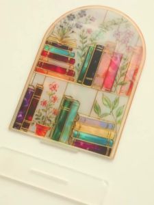 2D Acrylic Bookshelf Decor Arched Bookcase with Flowers Desk Ornaments Colorful Art Tabletop Sign Gift for Office & Home Shelf
