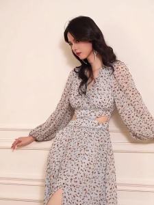 French Island Style Printing Waisted Midi Dress