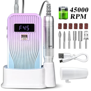 Professional 45000RPM Electric Nail Drill Machine Rechargeable Low Noise Nail File Polisher for Gel Nails Polishing Salon Tool
