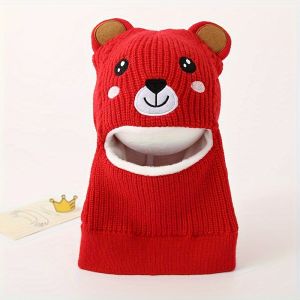 1pc Winter Cartoon Animal Knit Hat with Ear Flaps for Boys Polyester Thermal Lined Hood Christmas Outdoor Hiking Warm Cap