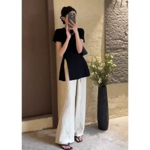 BINKAFENNY | ชุดสองชิ้นแฟชั่นฤดูร้อน คอกลมแขนสั้น ทรงหลวม กางเกงขากว้าง ผ้าฝ้าย ผ้าโพลีเอสเตอร์ ลำลอง เอวยางยืด ชุดทำงาน