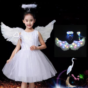 3 Pcs Set LED Light Up Angel Wings for Kids Baby Girl Angel Costume White Feather Fairy Wings Wand Halo Skirt Cosplay Birthday Set Infant Halloween