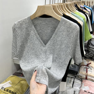 Spring V-Neck Knitted Blouse Ice Silk