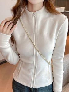 Korean Style Ultra-Thin Yoga Sports Jacket Womens Slim Fit Outerwear Fleece-Lined Spring Autumn Casual Long Sleeve Zipper Coat