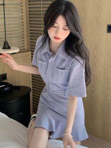 Polo Collar Denim Dress Womens Summer High Waist Fish Tail Skirt Purple Short Sleeve High Fashion Sensation Design Dress
