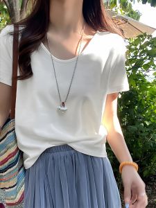 QIAOCHENXIAN | Áo Thun Tay Ngắn V-Neck Dành Cho Phụ Nữ Size Lớn