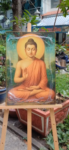 Tranh Phật Thích Ca Mâu Ni Niết Bàn chất liệu in gỗ tráng gương bọc viền