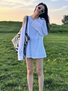 เสื้อเชิ้ตแขนยาวทรงหลวมสไตล์เกาหลีสำหรับผู้หญิงในช่วงฤดูร้อน เสื้อคลุมกันแดดคอปกกลมบาง แขนยาว ไม่มีซิป แขนยาว ปกติ