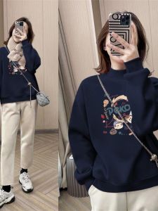 Womens Fleece Lined Half High Neck Sweatshirt Thickened Inner Wear Base Shirt Top Korean Style Long Sleeve Printed Casual