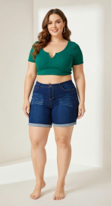 Elegant Women High-Waist Denim Bermuda Shorts Mid-Length Plain Blue