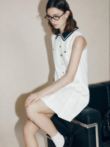 FAMANXUAN | Academic Style Polo Collar Sleeveless Vest Dress Pleated Mini Dress