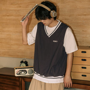 South Crane Embroidered Striped Vest Mens Summer American Sleeveless Shoulder Pad Youth Sports Retro Short Sleeve Trendy