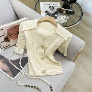 PAILAKOU | French Style Short High Waist Slim Fit Open Cardigan Women Summer New V Neck Short Sleeve Knitted Shirt Thin Soft Ice Silk