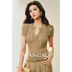 WANGXO | Áo Knit V-Neck Ren Lỗ Bóng Bảy