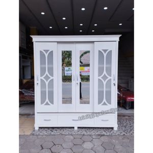 Lemari Pakaian Kayu Teack Bukan Serbuk/ Lemari Baju Sliding 4 Pintu Duco Bahan Kayu Kuat Blokteak / Lemari Kamar Tidur Modern Minimalis