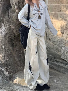 Quần Jeans Denim Ống Rộng Kiểu Mỹ Cho Nữ Quần Dài Đến Sàn Có Lỗ Xẻ Quần Thường Ngày Thu Đông 2025 Quần Jeans Denim