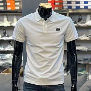 Shiny Cotton Polo Shirt for Men Short Sleeve Shirt Collar Summer Business Casual Striped Top Fashion Urban Style Polyester Fiber