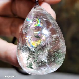 38.5 grams Green Phantom Quartz pendant / handheld Icy transparent with layers of "mountains" & a lot of rainbow reflections 透体多层绿幽灵满彩虹吊坠/手把