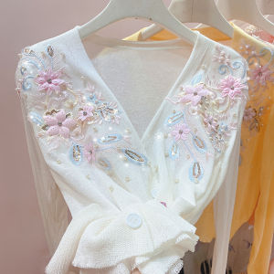 Áo Len Cardigan Dệt Kim Ngắn Thêu Hoa Cổ Chữ V Kiểu Pháp Cho Nữ Mùa Hè Cổ Điển Nghệ Thuật Mỏng Chống Nắng Áo Khoác Ngoài