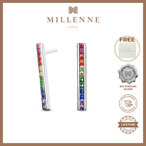 MILLENNE Multifaceted Rainbow Bar Studded Cubic Zirconia White Gold Drop Earrings with 925 Sterling Silver (MLP-01)