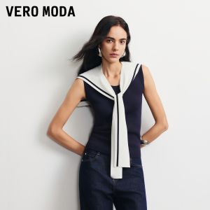 Vero Moda | Áo Knit ôm dáng cổ tròn tay không có khăn choàng sọc tháo rời