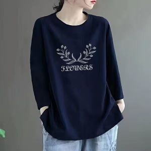 Autumn Long Sleeve Womens T-shirt Pure Cotton Loose plus Size Thin Top Base Shirt Commute Style Korean Loose Fit Print Design