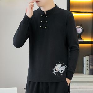 HENGYUANXIANG | Hengyuanxiang Mens Long Sleeve Thermal Shirt Thickened German Velvet Embroidered Traditional Chinese Tang Costume Fashionable Urban Style