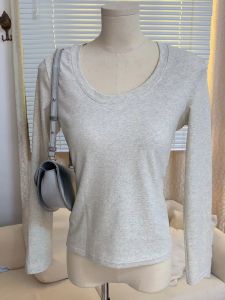 เสื้อยืดคอกลมแขนยาวผ้าฝ้ายแท้ทรงสลิมฟิตสไตล์เกาหลีสำหรับผู้หญิง ฤดูใบไม้ร่วง 2025 เสื้อเชิ้ตแขนยาวทรงเข้ารูปสำหรับผู้หญิง