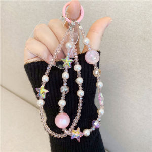 Cute Pink Beaded Phone Wrist Strap with Star Charms Pearl Crystal Mobile Phone Lanyard Anti-Lost Phone Chain for Women Girls
