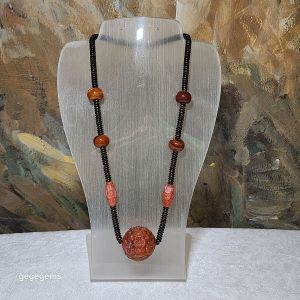 Gegegems Creation 29.5mm Old mine Baoshan Nan Hong Dragon Mongolia Nan Hong 9 Eyes Dzi The Warring States Sardonyx abacus beads and Lines Agate barrel beads necklace 保山南红大龙珠配外蒙料九眼天珠战国红算盘珠线纹玛瑙項链
