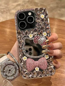 Luxury Glitter Butterfly Knot Mirror Surface Silicone Phone Case Full Protection Anti-Fall for  15Pro Max Unique Personality