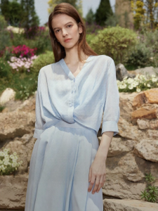 Elle | Blue Stripe Loose Fit V-Neck Short Casual Shirt