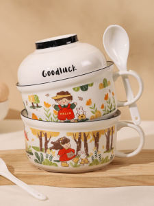 Ceramic Instant Noodles Bowl with Lid Handle for Dormitory Students Microwave Safe Restaurant Serving Bowl Personal Use