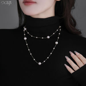 Elegant Long Double Layer Pearl Necklace Fashion High Neck Base Shirt Jewelry Alloy Plated Silver Gold  out Korean Style