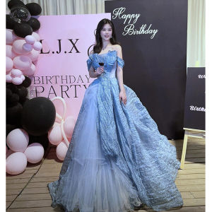 ชุดราตรีสีน้ำเงิน ชุดเจ้าหญิงหลบหนี ชุดงานเลี้ยง ชุดงานศิลปะ ชุดผู้หญิง ชุดเดรสยาว ชุดราตรียาว ชุดราตรีสุดหรูหรา