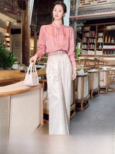 Silk Embroidered Wide Leg Pants Womens New Chinese Style Floral Pattern High Waist Zipper Closure Comfortable Breathable Casual Trousers