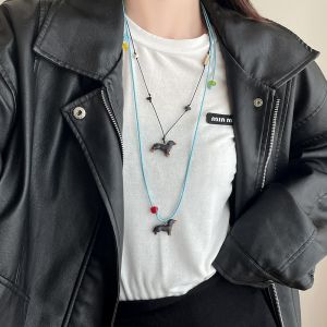 สร้อยคอแบบพับสีฟ้าลายหมาป่าสุดน่ารักสำหรับผู้หญิง สร้อยคอแบบยาวสำหรับใส่กับเสื้อกันหนาวแบบพอดีตัว สร้อยคอแบบพิเศษสำหรับฤดูร้อน