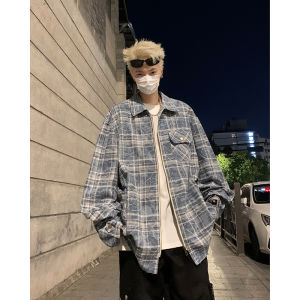 American Retro Zipper Cardigan Raw Edge Gingham Long Sleeves Shirt Mens Spring and Autumn Fashion Brand Cleanfit Handsome Outwear